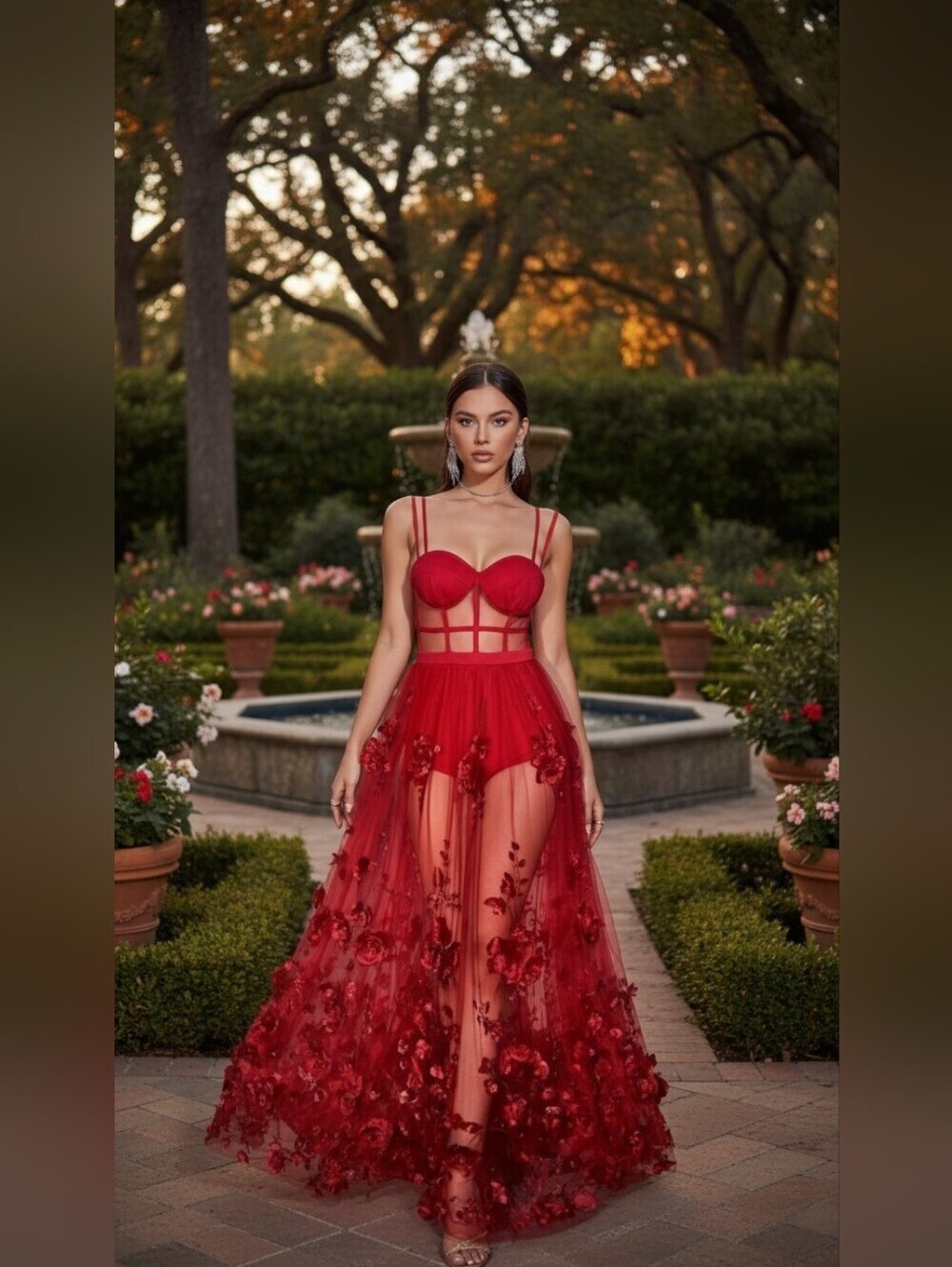 D&M Red 3D Floral Appliqué Tulle Corset Maxi Gown Formal Dress Size M